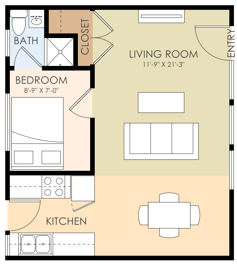 Floor plan for 1 bed, 1 bath, 450 sqft